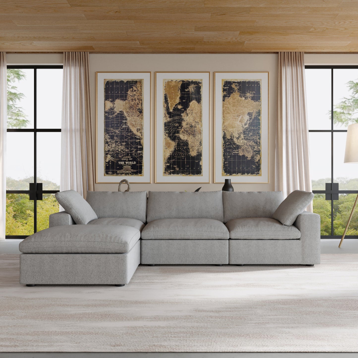 luxurious Corduroy Sectional Sofa Set (Gray) is crafted with a wooden frame and sponge filling, offering durability and comfort. Its modular design and modern style make it versatile for various settings like living rooms, villas, or hotels.