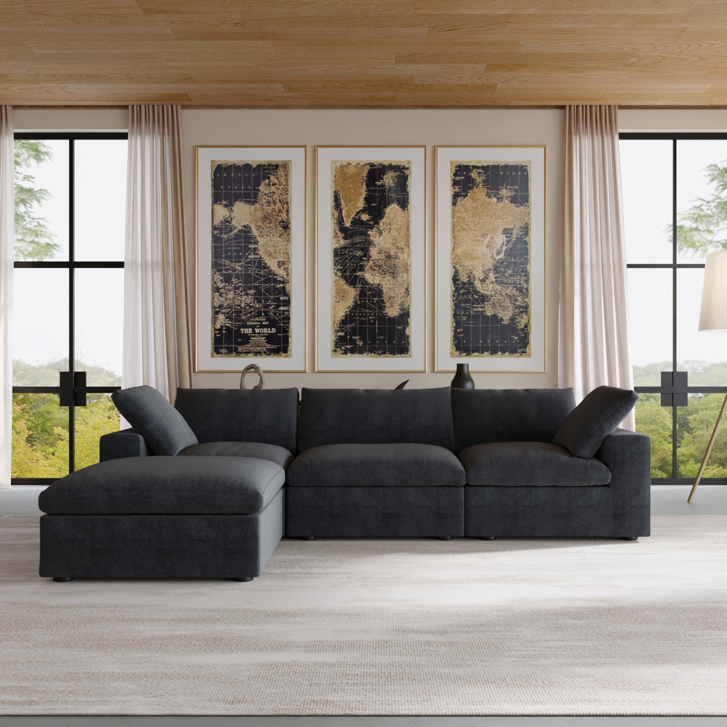 luxurious Corduroy Sectional Sofa Set (Black) is crafted with a wooden frame and sponge filling, offering durability and comfort. Its modular design and modern style make it versatile for various settings like living rooms, villas, or hotels.