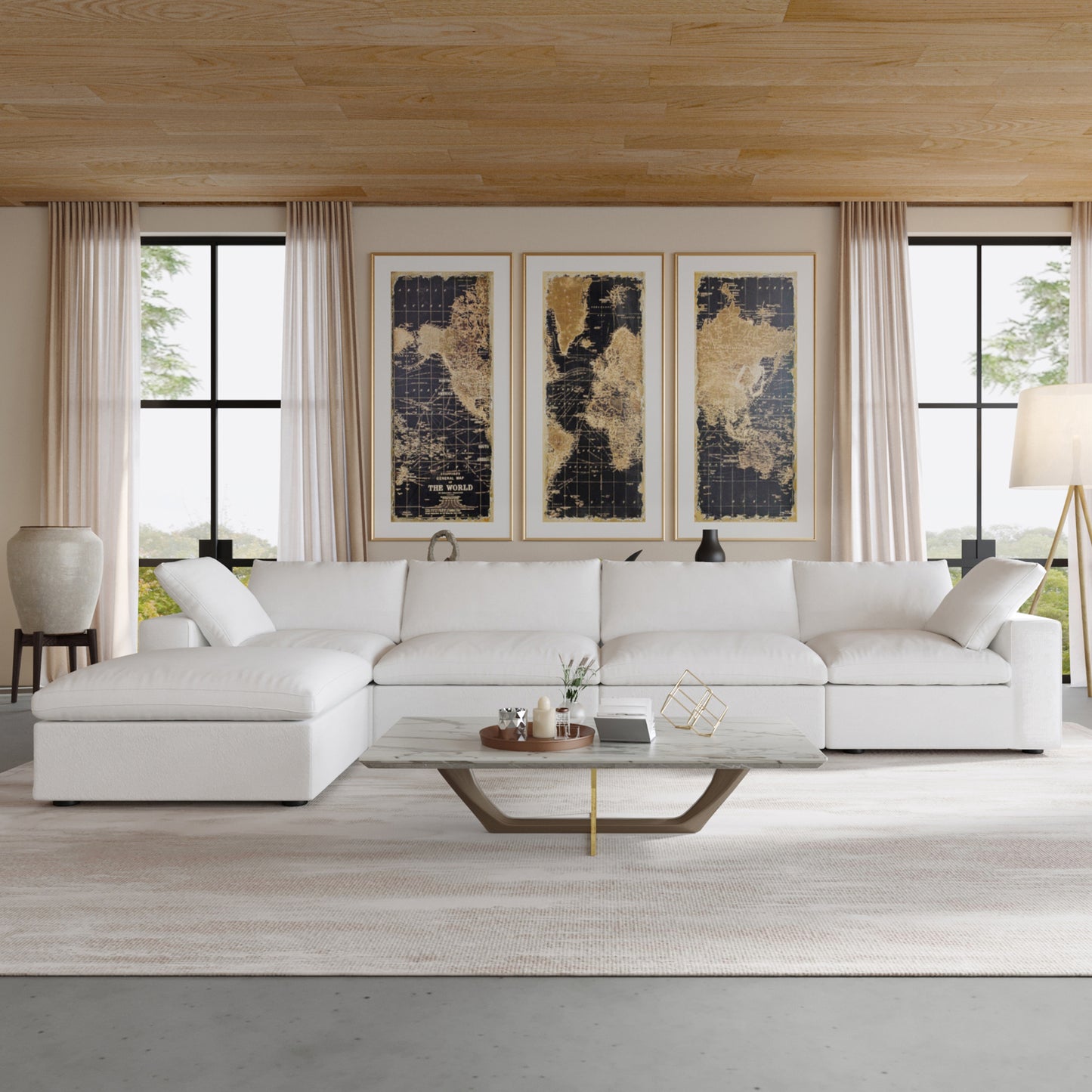 luxurious Corduroy Sectional Sofa Set (White) is crafted with a wooden frame and sponge filling, offering durability and comfort. Its modular design and modern style make it versatile for various settings like living rooms, villas, or hotels.