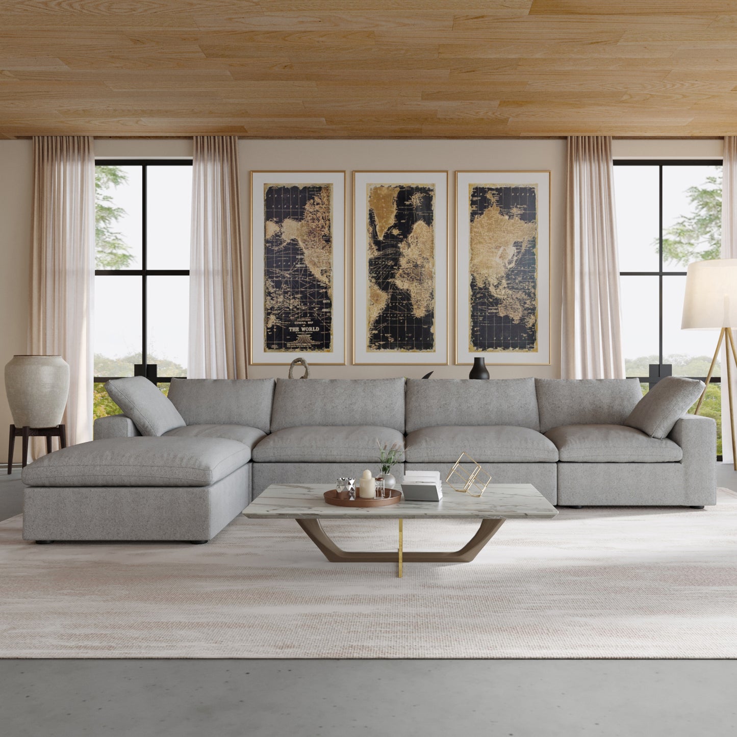 luxurious Corduroy Sectional Sofa Set (Gray) is crafted with a wooden frame and sponge filling, offering durability and comfort. Its modular design and modern style make it versatile for various settings like living rooms, villas, or hotels.