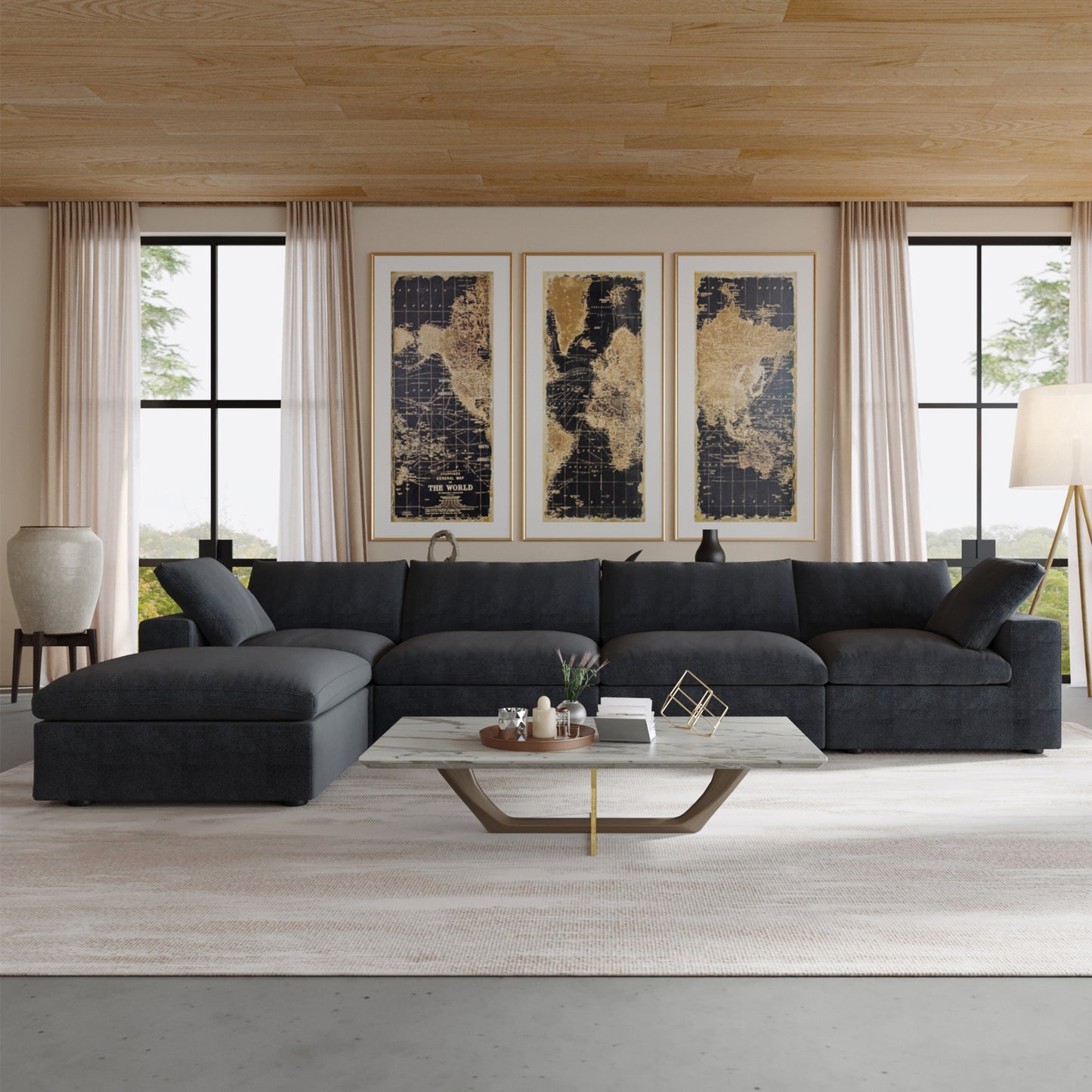 luxurious Corduroy Sectional Sofa Set (Black) is crafted with a wooden frame and sponge filling, offering durability and comfort. Its modular design and modern style make it versatile for various settings like living rooms, villas, or hotels.